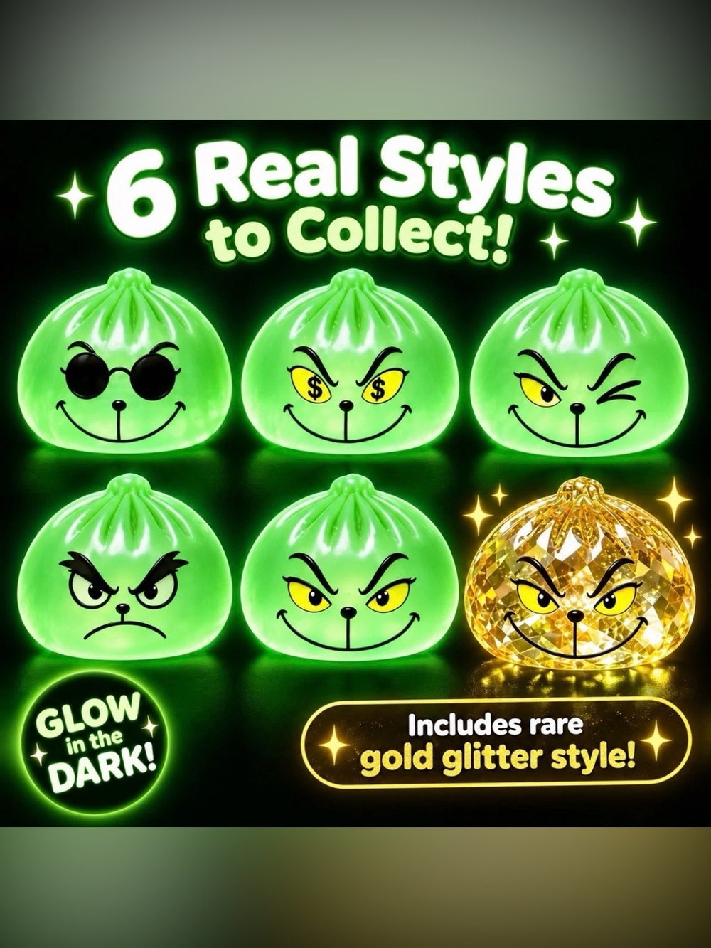 NEW GRINGE!Glow-in-the-Dark Green Collectible Party Favors w/ Rare Gold Glitter